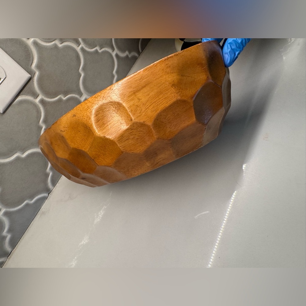 Vintage Hand-Carved Teardrop Wood Bowl | Mid Century Modern Faceted Boho Decor - Picture 5 of 7